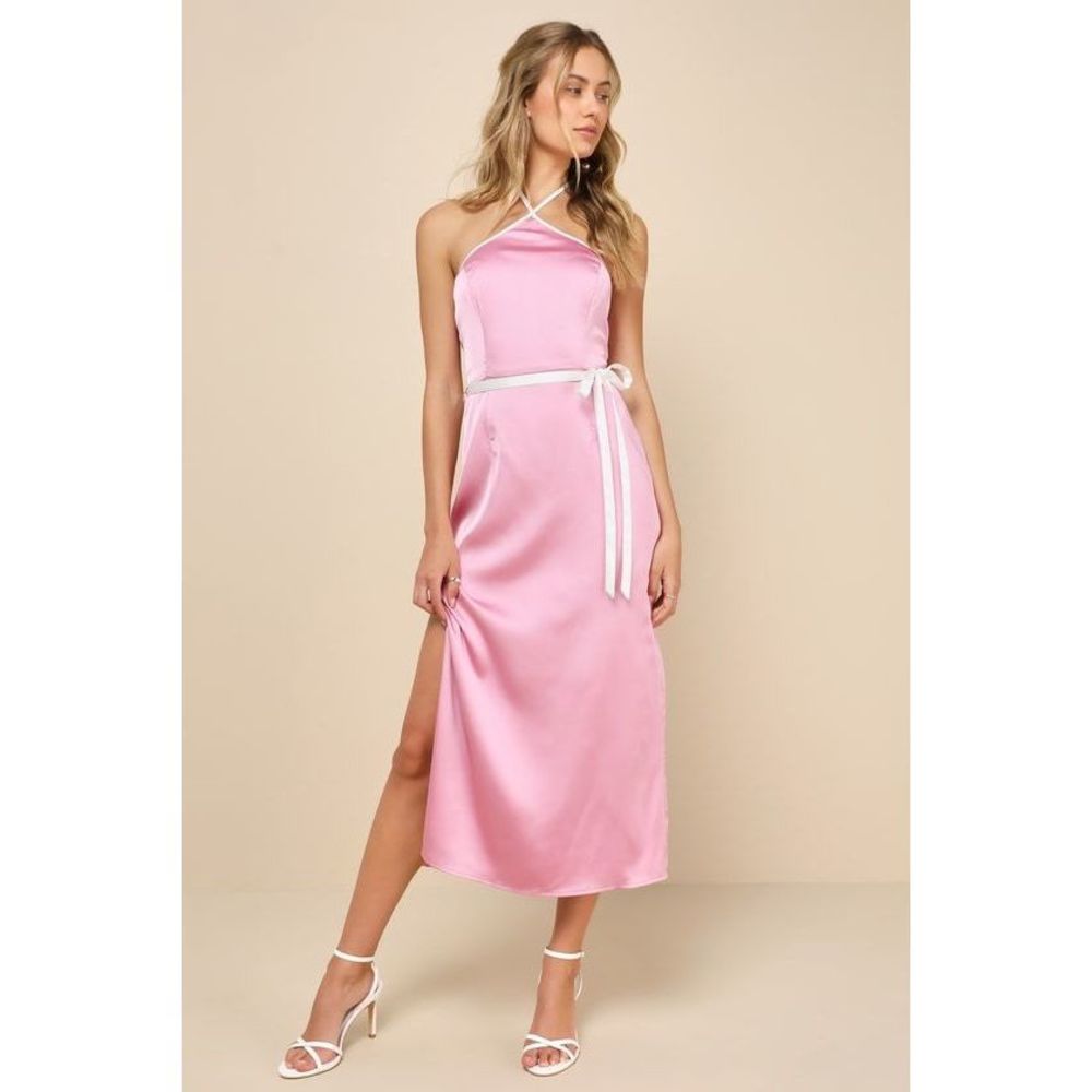 NEW Lulus ‘Lovely Favorite’ Pink & White Lined Satin Midi Halter Dress - Size L